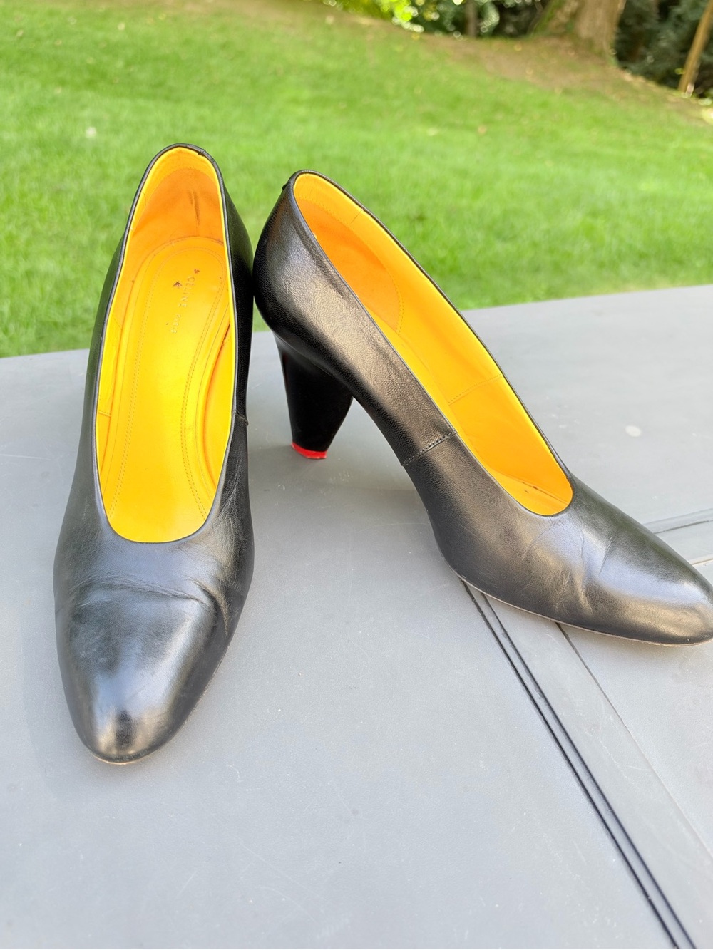 Celine Black Leather Pumps 8.5 with Yellow Lining and red heel tips